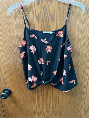 Lush Black Floral Knot-Front Blouse with Pink & Orange Blooms